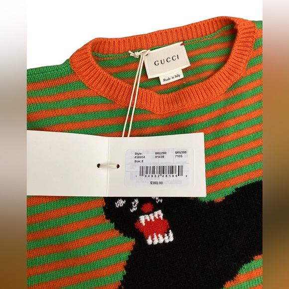 NWT Gucci Striped Wool Tiger Sweater Moss Green/ Orange Size 8 (girls) - Picture 6 of 9